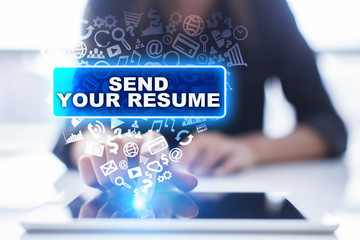 Woman is using tablet pc, pressing on virtual screen and selecting send your resume.