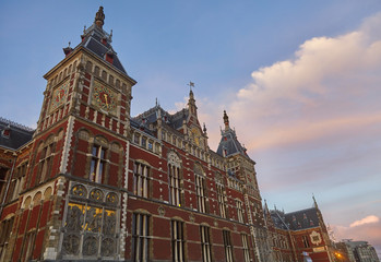 Fototapeta premium Holland, Amsterdam, view of the Central Railway Station facade