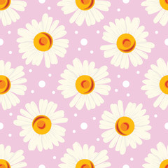 Fototapeta na wymiar Seamless pattern with white chamomiles and dots on pink background. 