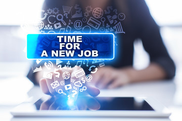 Woman is using tablet pc, pressing on virtual screen and selecting time for a new job.