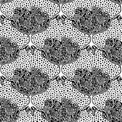 Seamless pattern, vector hand drawn repeating illustration, decorative ornamental stylized endless trees Black  white background abstract seamles graphic illustration Artistic line drawing silhouette