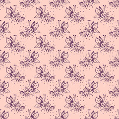 Fototapeta na wymiar Seamless vector hand drawn seamless floral pattern with insect. Pink background with flowers, leaves, butterfly Decorative cute graphic drawn illustration Template for background, wrapping wallpaper