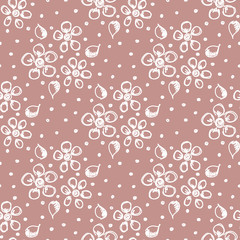 Seamless vector hand drawn seamless floral  pattern. Pink background with flowers, leaves, dots. Decorative cute graphic drawn illustration. Template for background, wrapping, wallpaper.