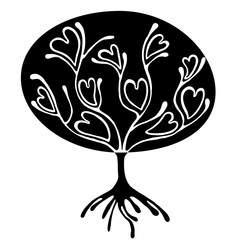 Vector hand drawn illustration, decorative ornamental stylized tree. Black and white graphic illustration isolated on the white background. Inc drawing silhouette. Decorative artistic ornamental wood