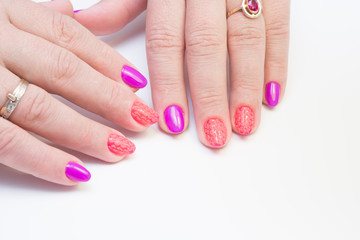 Perfect manicure and natural nails. Attractive modern nail art design. Gel polish applied.