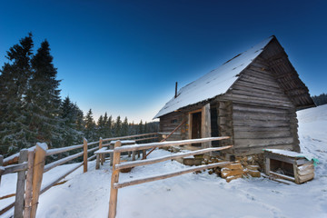 Obraz na płótnie Canvas a small wooden house in a snowy forest