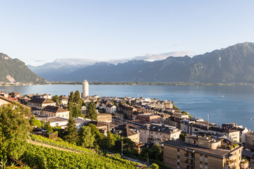 An aerial view of Montreux by lake Geneva in Canton Vaud, Switze - obrazy, fototapety, plakaty