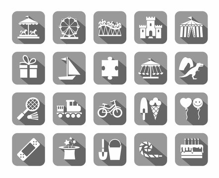 Children's games and entertainment, icons, gray, vector. Vector icons of items and objects for children. Children's rest. White images on a gray background with shadow. 