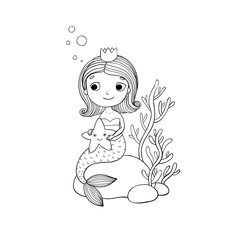 Beautiful little mermaid with a starfish sitting on a stone.