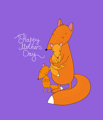 Family of cute cartoon fox. Funny animals. Happy mother s day