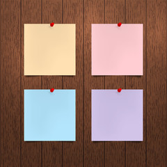 Vector mockup. Sheets of color paper with a red push pins hanging on a brown wooden wall. Empty blanks, notes. Wood texture with vertical stripes, rustic panels. Hardwood background. Interior template