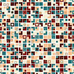 Geometric seamless pattern. Consists of squares of different colors arranged on a white background. Useful as design element for texture, pattern and artistic composition.