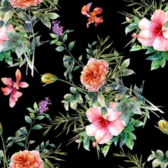 Ingelijste posters Watercolor painting of leaf and flowers, seamless pattern on dark background © photoiget