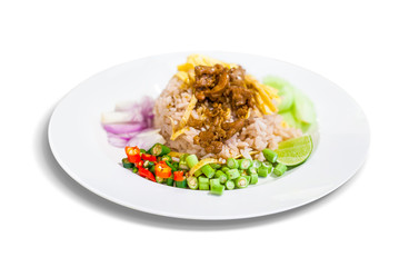 Thai food, Rice seasoned with shrimp paste in white plate