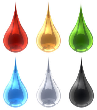 Color glossy fluid drops isolated on white background.