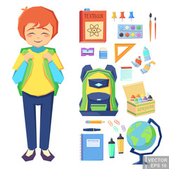 Cute boy going to school education Icons. Set of different items, cartoon vector illustration eps10
