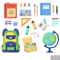 education Icons. Set of different school items, cartoon vector illustration.