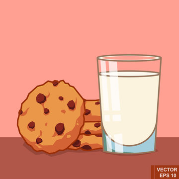 Vector cartoon glass of milk and Chocolate chip cookies. Breakfast food christmas illustration