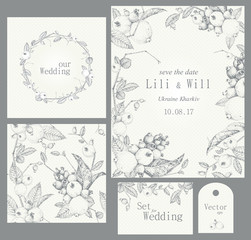 Set of templates for celebration, wedding. Vector illustrations. Pointillism style.