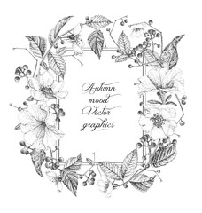 Fototapeta premium Floral frame for greeting cards or invitations. Black and white. Vector illustrations. Pointillism style.