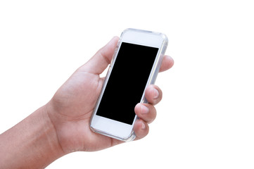Close-up of a man typing on mobile phone isolated on white background,Man hand holding smartphone.