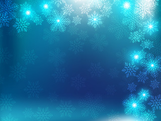 Fototapeta na wymiar Christmas background with blue and white snowflakes in various styles. Abstract Vector Illustration.