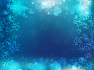 Christmas background with blue and white snowflakes in various styles. Abstract Vector Illustration.