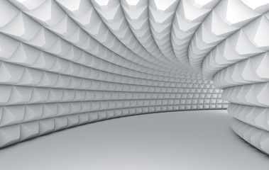 Abstract white tunnel with pyramid textured walls.
