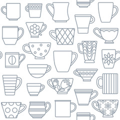 Coffee cups and mugs outline icons seamless pattern background 1