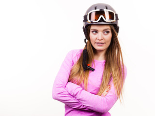 Woman with sporty helmet.