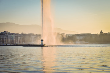 General view of Geneva/The city of Geneva, the Leman Lake and the Water Jet, in Switzerland,...