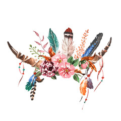 Watercolor vintage floral bouquets with animal horns. Boho spring flowers and feathers isolated on white background. Hand painted natural design