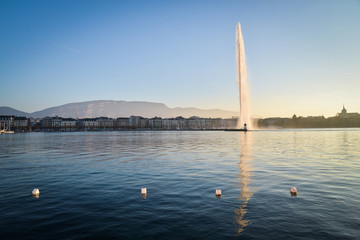 General view of Geneva/The city of Geneva, the Leman Lake and the Water Jet, in Switzerland, Europe, general and aerial view