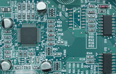 Printed circuit board with electronic components. Computer and technology concept. 