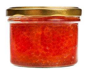 side view of closed glass jar with red caviar