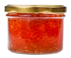 front view of closed glass jar with red caviar