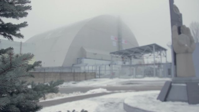 Chernobyl reactor in new cover at winter fog