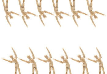 set of wooden figure in hand up pose in three position on white