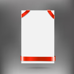 White banner with red ribbon on gray background. Vector