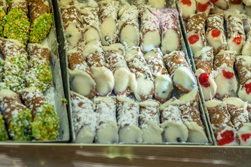 Different kind of Sicilian cannoli for sale