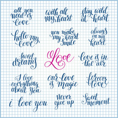 set of handwritten lettering positive quote about love to valent