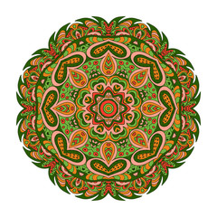 Mandala Eastern pattern. Zentangl round ornament. Green and orange tones