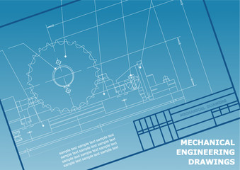 Mechanical drawings on a blue background. Engineering illustration. Vector. Frame