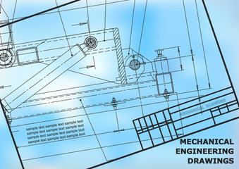 Mechanical engineering drawings on a blue background. For inscriptions. Vector. Frame