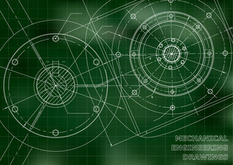 Mechanical engineering drawings. Background for inscription. Vector. Green and white