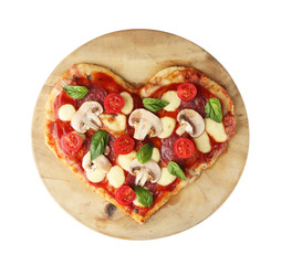 Tasty pizza on cutting board, isolated on white