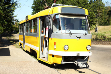 Fototapeta na wymiar New tram on railway outdoors