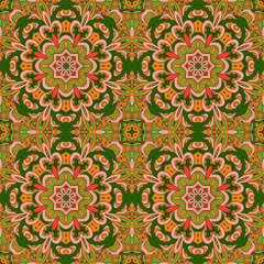 Mandala Eastern pattern. Zentangl seamless ornament. Orange, pink and green colors