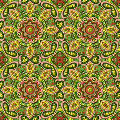 Mandala Eastern pattern. Zentangl seamless ornament. Green and yellow tones