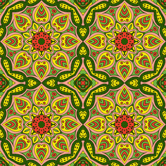 Mandala Eastern pattern. Zentangl seamless ornament. Green and yellow colors
